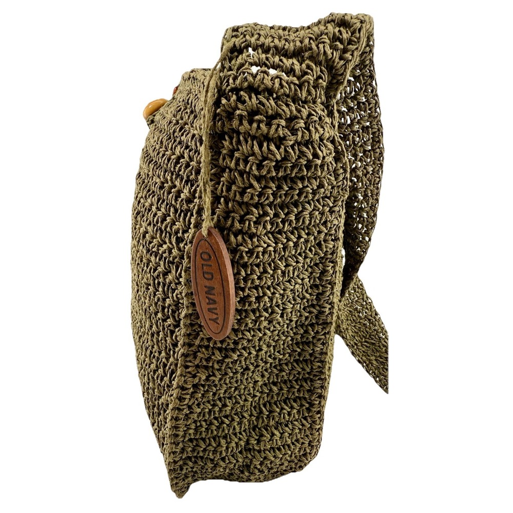 Old Navy Olive Green‎ Woven Shoulder Bag Wood Beads Boho Tote Purse 11x9.5 EUC